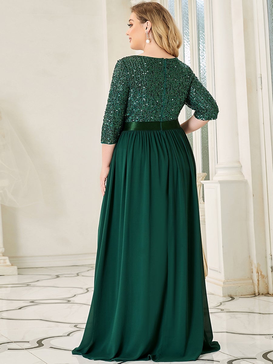 Color=Dark Green | Elegant Round Neckline 3/4 Sleeve Sequins Patchwork Evening Dress-Dark Green 2