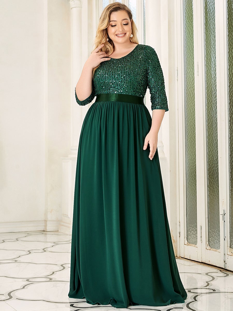 Color=Dark Green | Elegant Round Neckline 3/4 Sleeve Sequins Patchwork Evening Dress-Dark Green 3