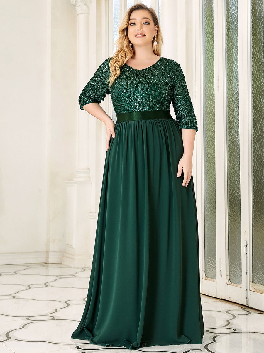 Color=Dark Green | Elegant Round Neckline 3/4 Sleeve Sequins Patchwork Evening Dress-Dark Green 4
