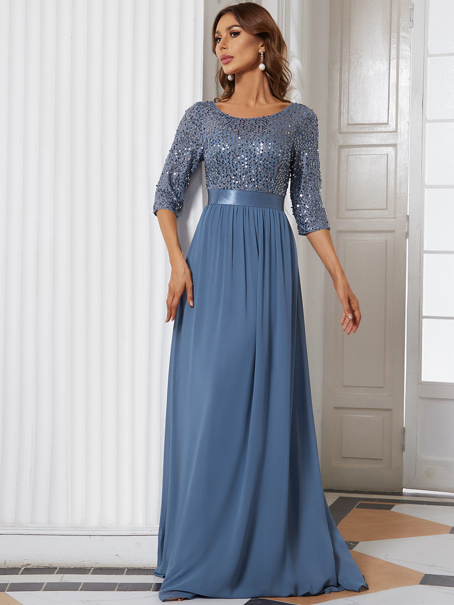 Color=Dusty Blue | Elegant Round Neckline 3/4 Sleeve Sequins Patchwork Evening Dress-Dusty Blue 4