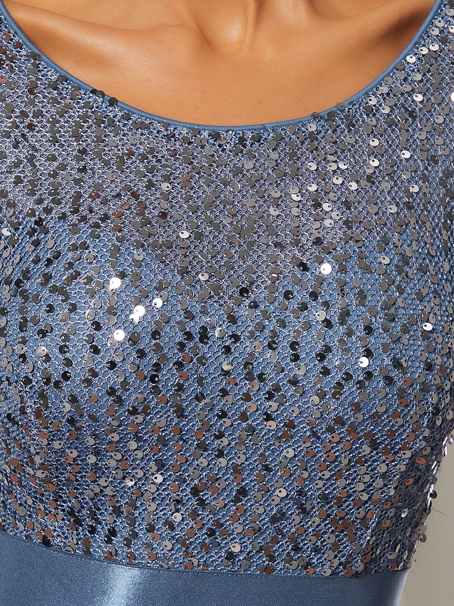 Color=Dusty Blue | Elegant Round Neckline 3/4 Sleeve Sequins Patchwork Evening Dress-Dusty Blue 5