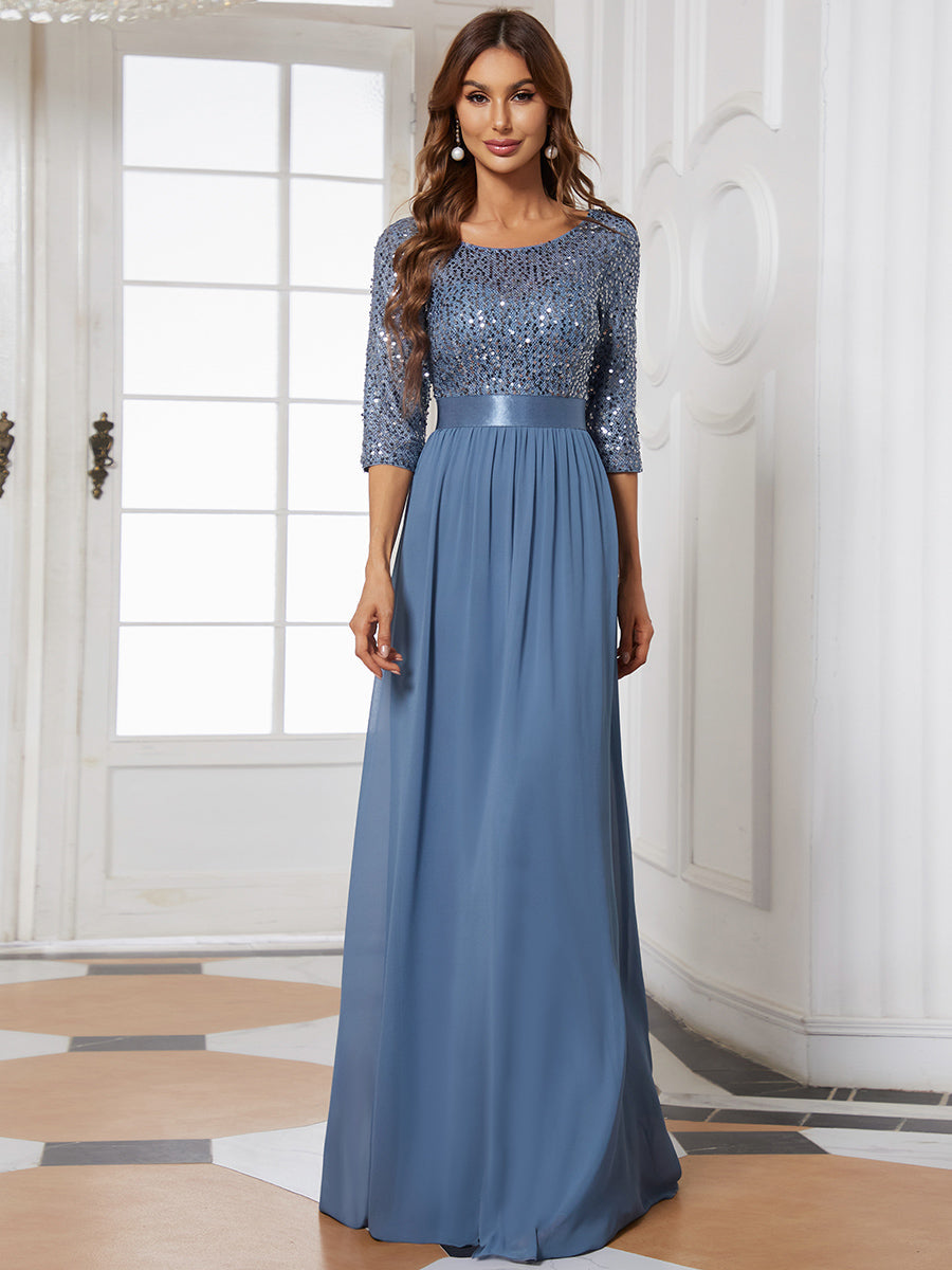 Color=Dusty Blue | Elegant Round Neckline 3/4 Sleeve Sequins Patchwork Evening Dress-Dusty Blue 1