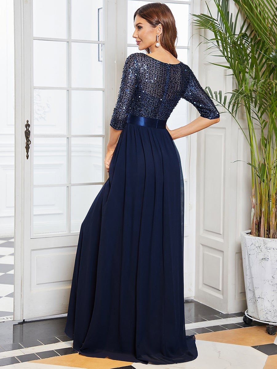 Color=Navy Blue | Elegant Round Neckline 3/4 Sleeve Sequins Patchwork Evening Dress-Navy Blue 6