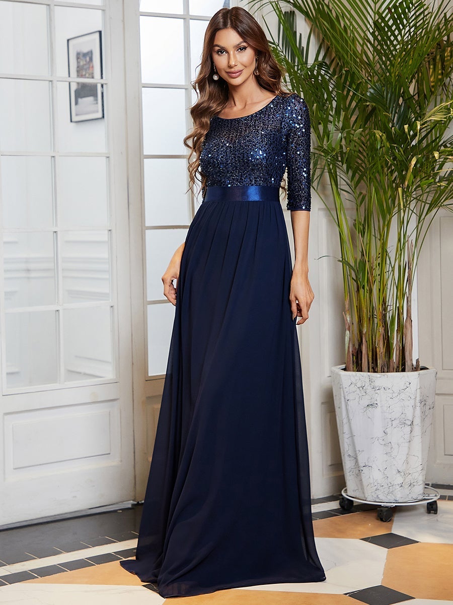 Color=Navy Blue | Elegant Round Neckline 3/4 Sleeve Sequins Patchwork Evening Dress-Navy Blue 8