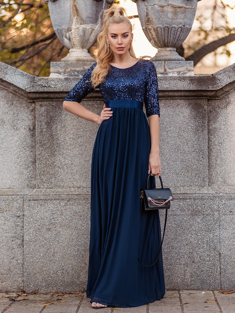 Color=Navy Blue | Women'S Long Tulle & Sequin Evening Dresses For Mother Of The Bride-Navy Blue 1