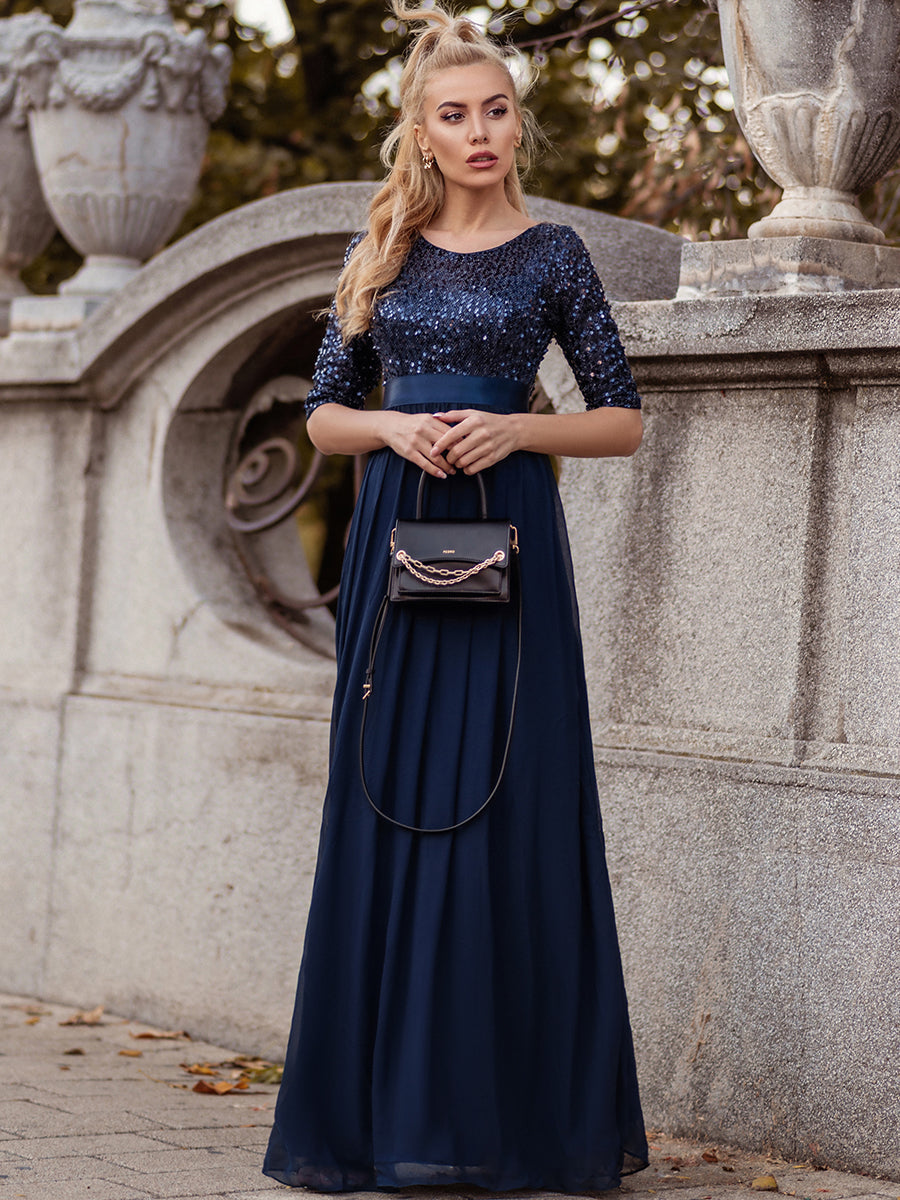 Color=Navy Blue | Women'S Long Tulle & Sequin Evening Dresses For Mother Of The Bride-Navy Blue 2