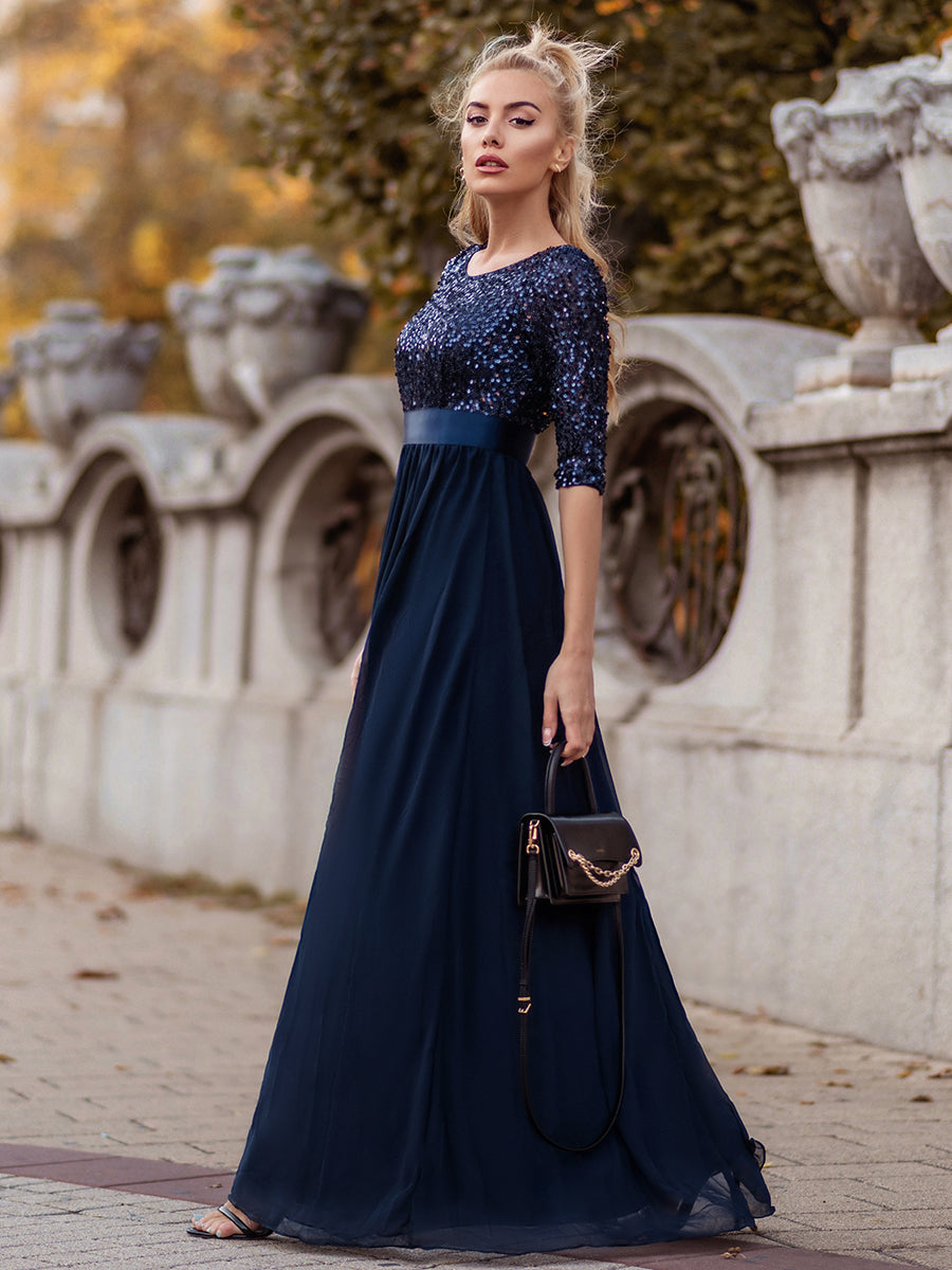Color=Navy Blue | Women'S Long Tulle & Sequin Evening Dresses For Mother Of The Bride-Navy Blue 3