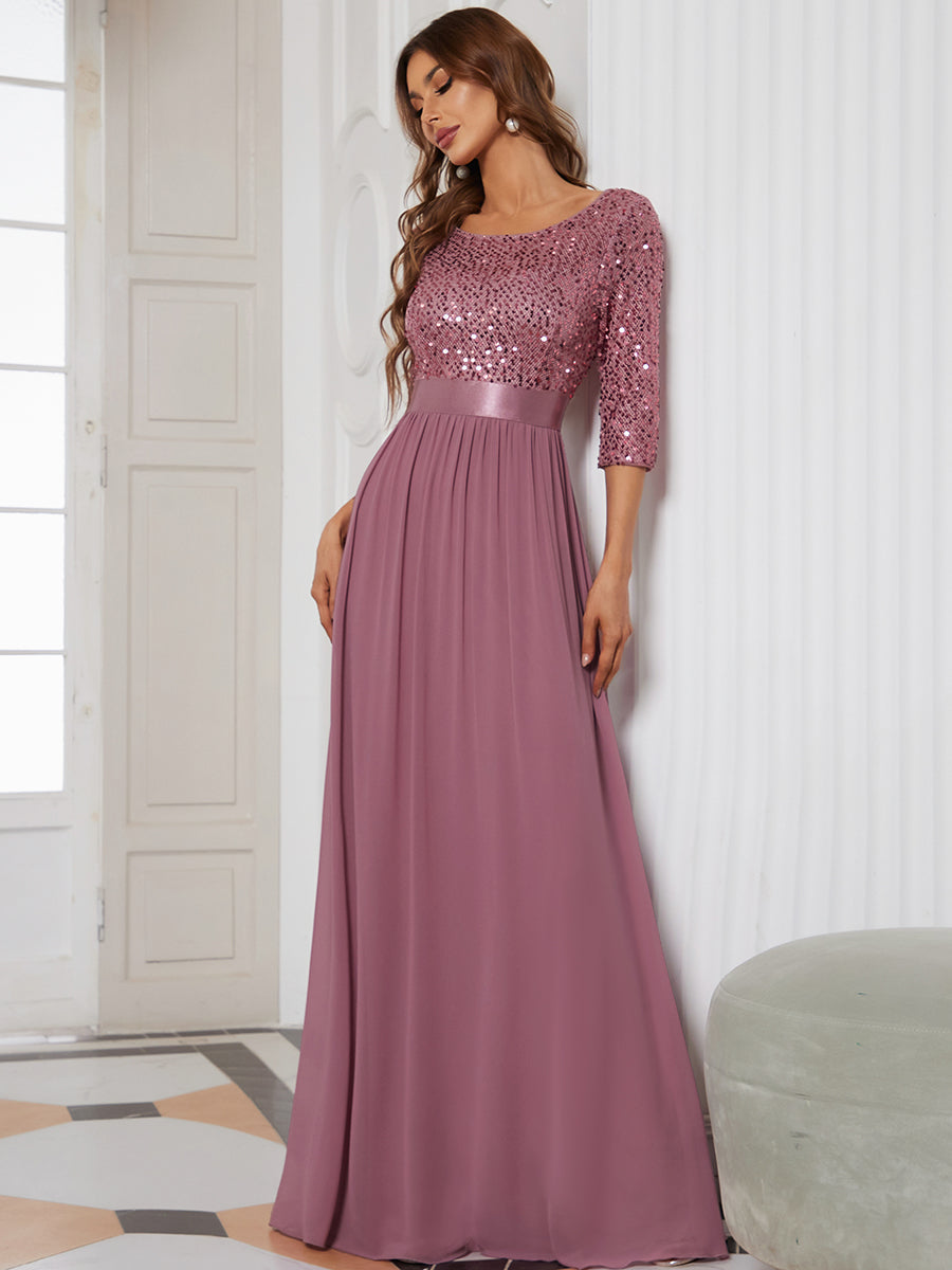 Color=Orchid | Elegant Round Neckline 3/4 Sleeve Sequins Patchwork Evening Dress-Orchid 3