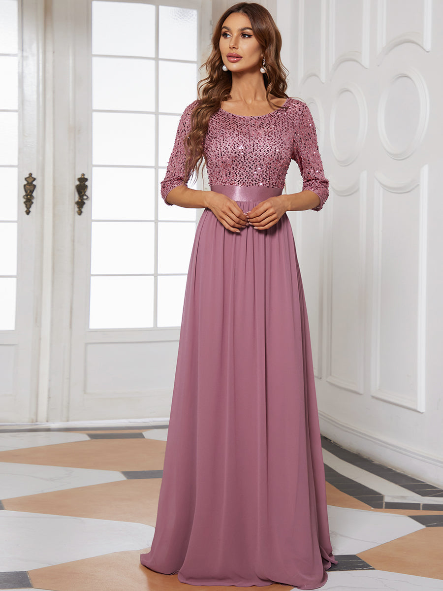 Color=Orchid | Elegant Round Neckline 3/4 Sleeve Sequins Patchwork Evening Dress-Orchid 4