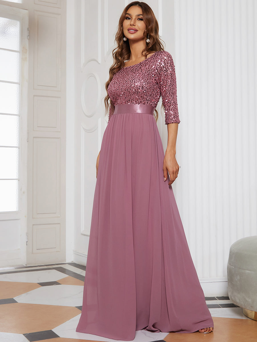 Color=Orchid | Elegant Round Neckline 3/4 Sleeve Sequins Patchwork Evening Dress-Orchid 1