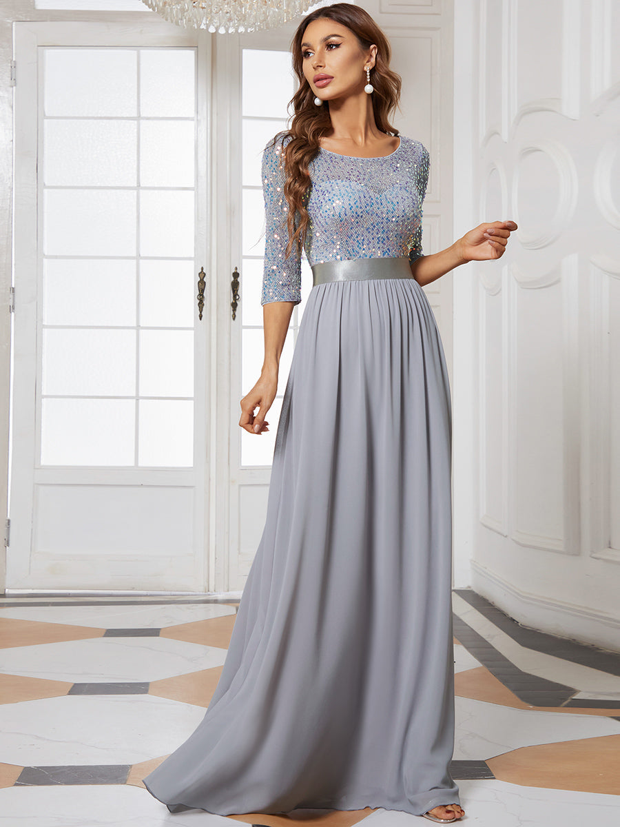 Color=Silver | Elegant Round Neckline 3/4 Sleeve Sequins Patchwork Evening Dress-Silver 4