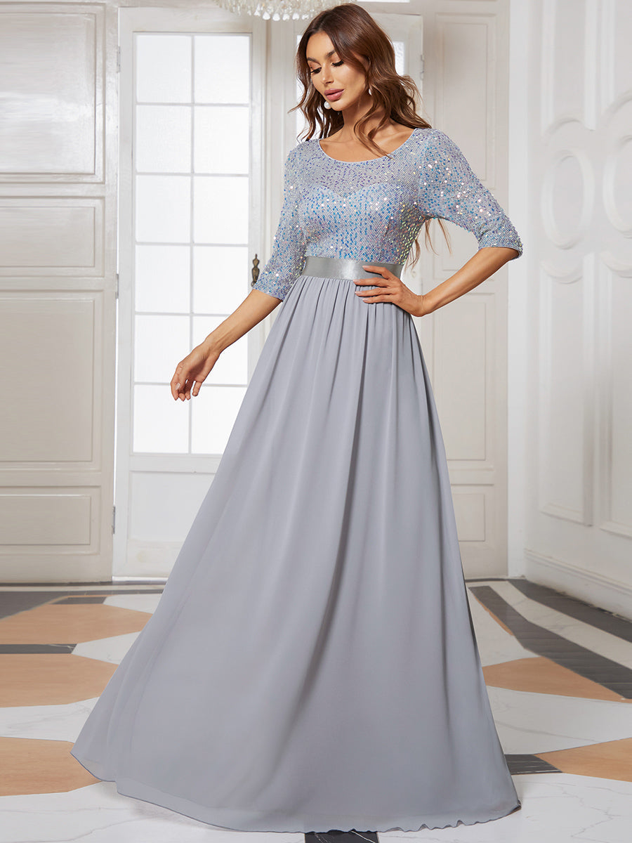 Custom Size Elegant Round Neckline 3/4 Sleeve Sequins Patchwork Wholesale Evening Dress