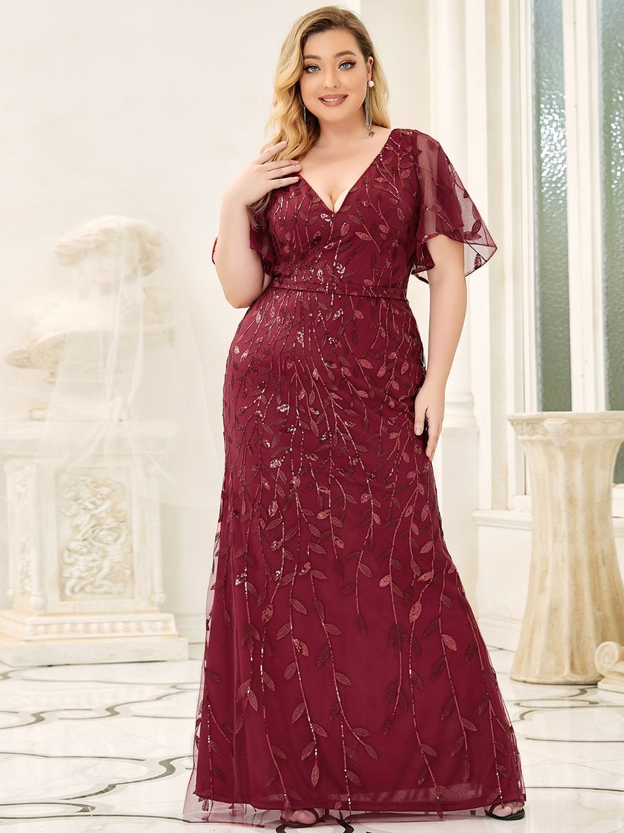 Color=Burgundy | Fashion Plus Size V Neck Mermaid Wholesale Sequin & Tulle Dress-Burgundy 4