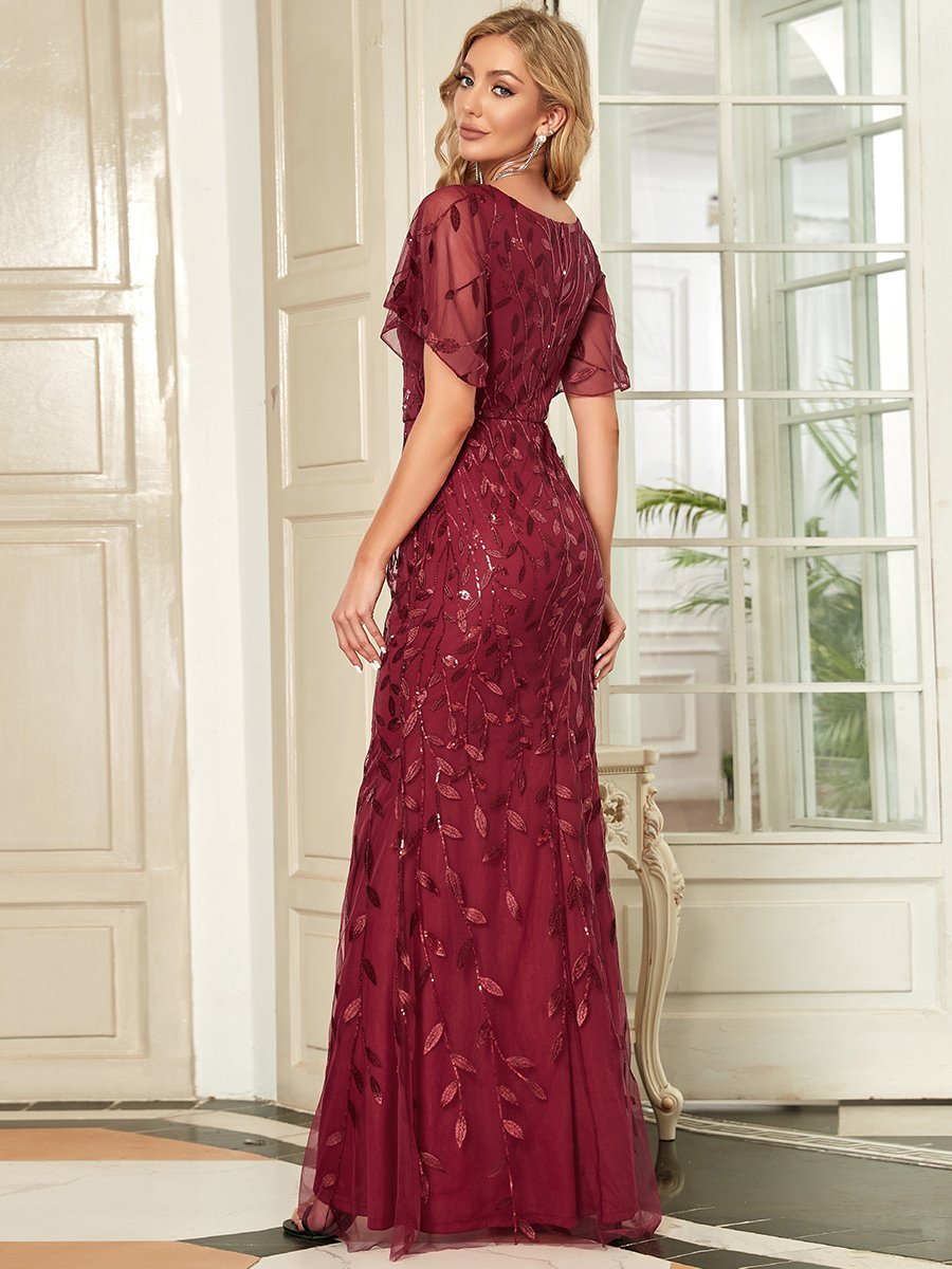 Color=Burgundy | Gorgeous V Neck Leaf-Sequined Fishtail Wholesale Party Dress-Burgundy 2