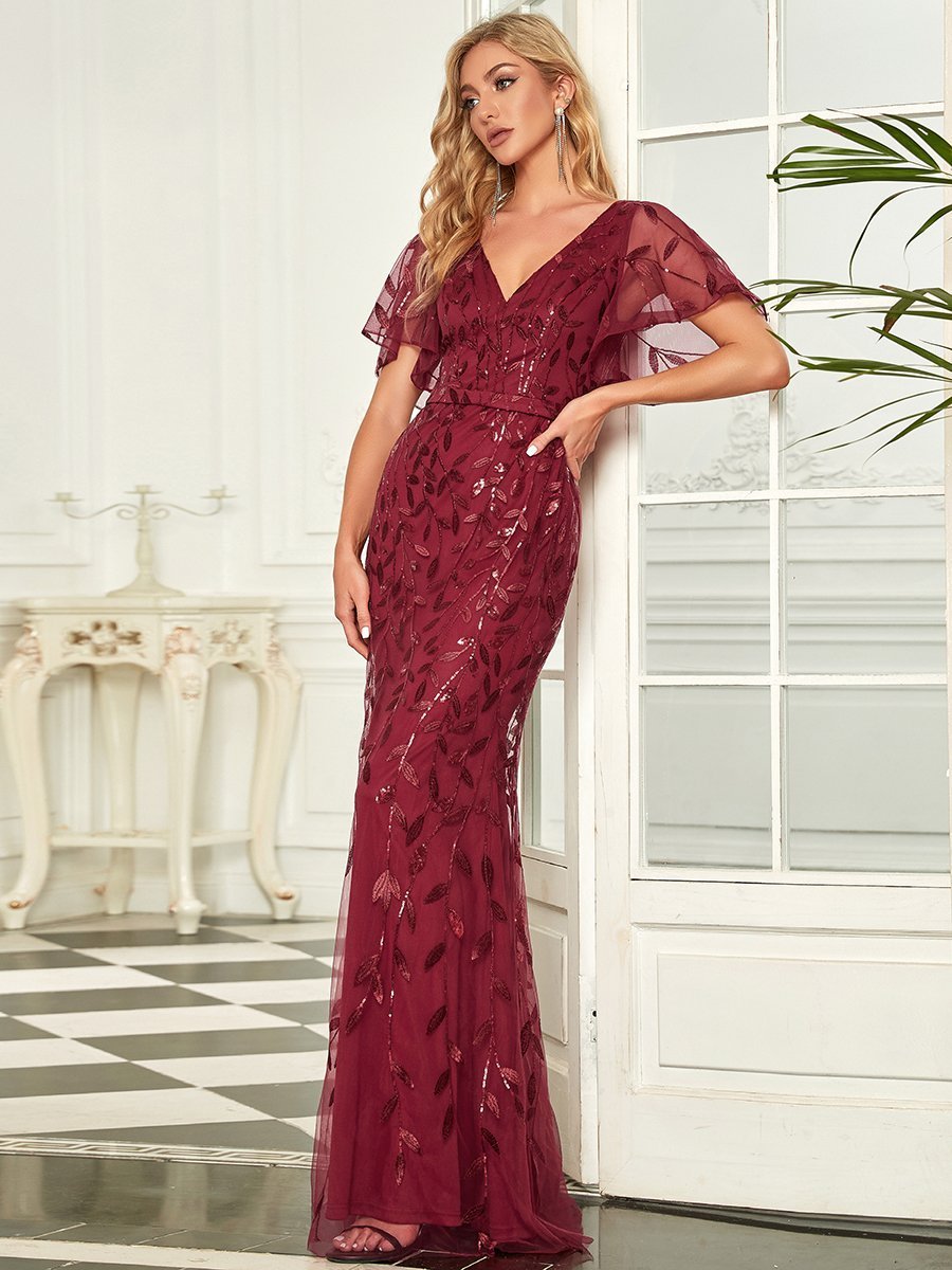 Color=Burgundy | Gorgeous V Neck Leaf-Sequined Fishtail Wholesale Party Dress-Burgundy 3