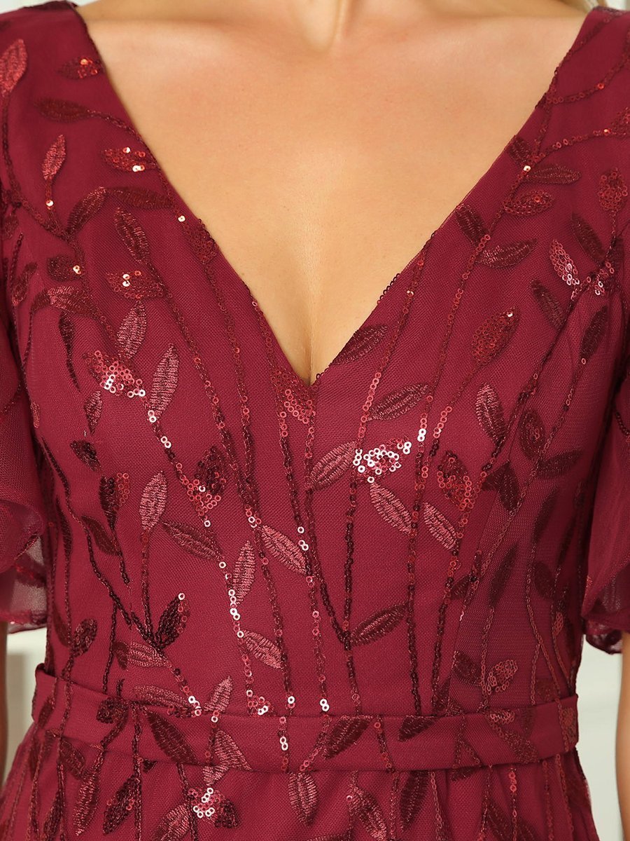 Color=Burgundy | Gorgeous V Neck Leaf-Sequined Fishtail Wholesale Party Dress-Burgundy 5