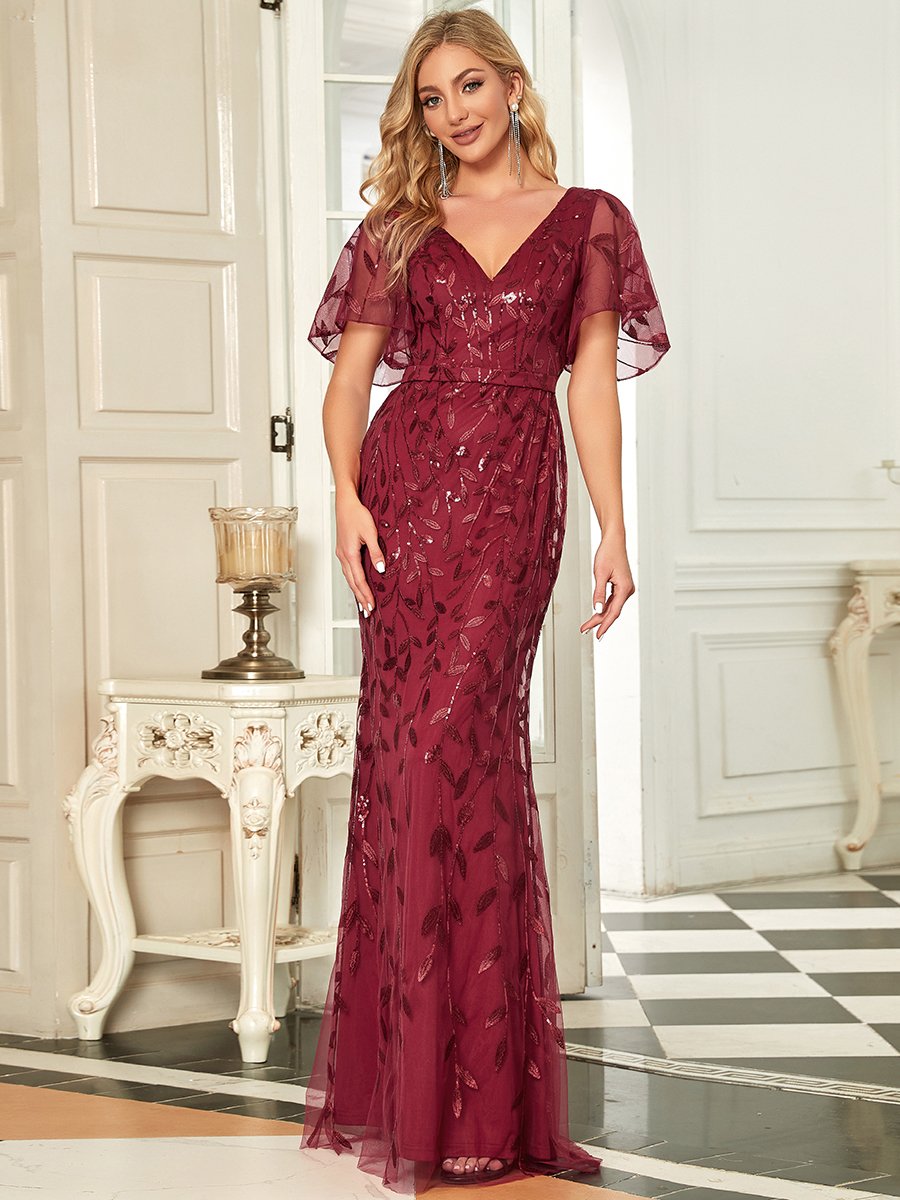 Color=Burgundy | Gorgeous V Neck Leaf-Sequined Fishtail Wholesale Party Dress-Burgundy 1