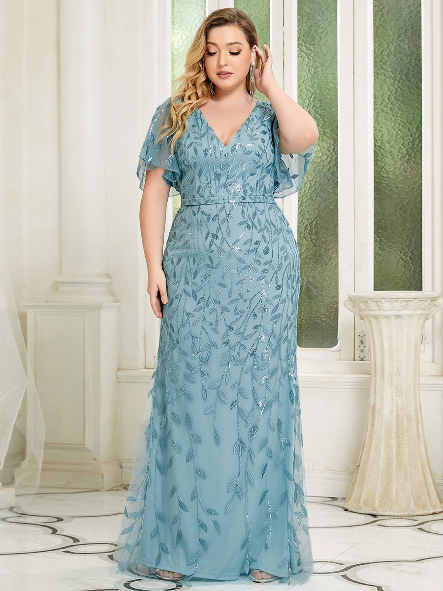 Color=Dusty Blue | Fashion Plus Size V Neck Mermaid Wholesale Sequin & Tulle Dress-Dusty Blue 1
