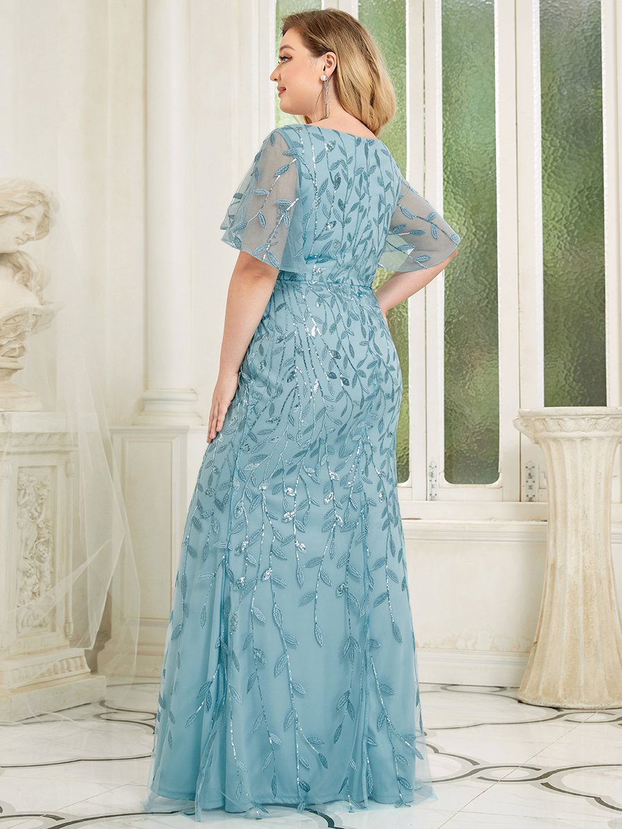 Color=Dusty Blue | Fashion Plus Size V Neck Mermaid Wholesale Sequin & Tulle Dress-Dusty Blue 4