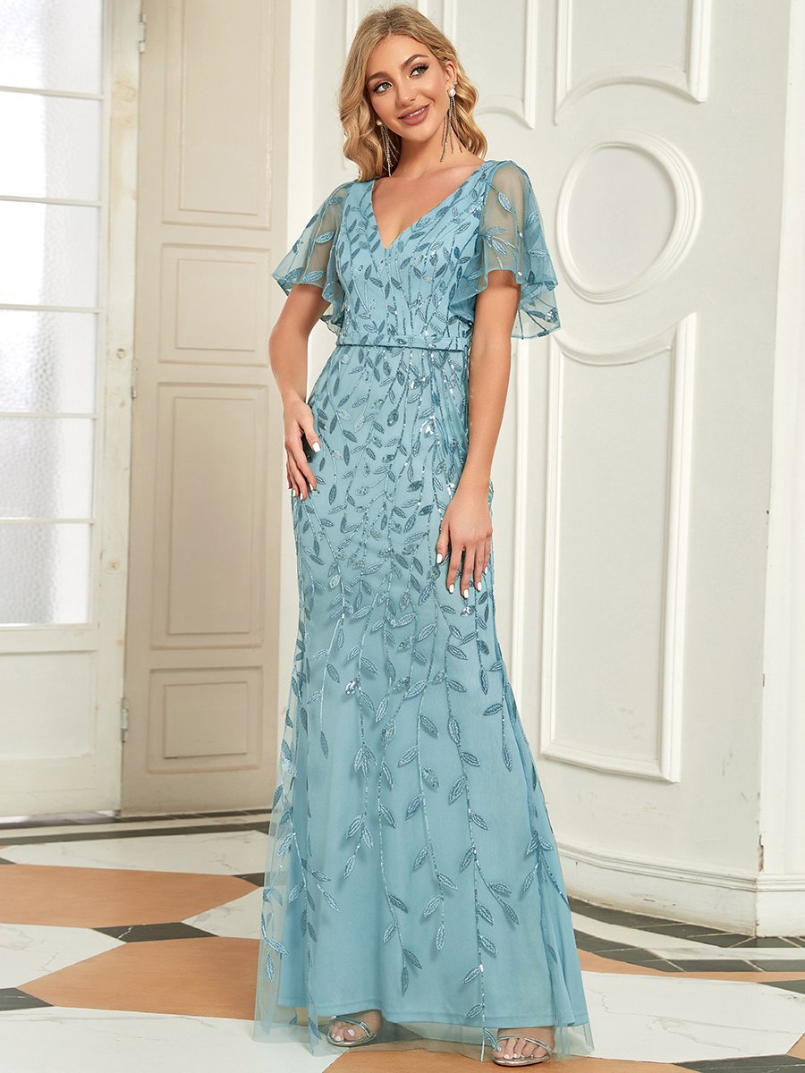 Color=Dusty blue | Gorgeous V Neck Leaf-Sequined Fishtail Wholesale Party Dress-Dusty blue 3