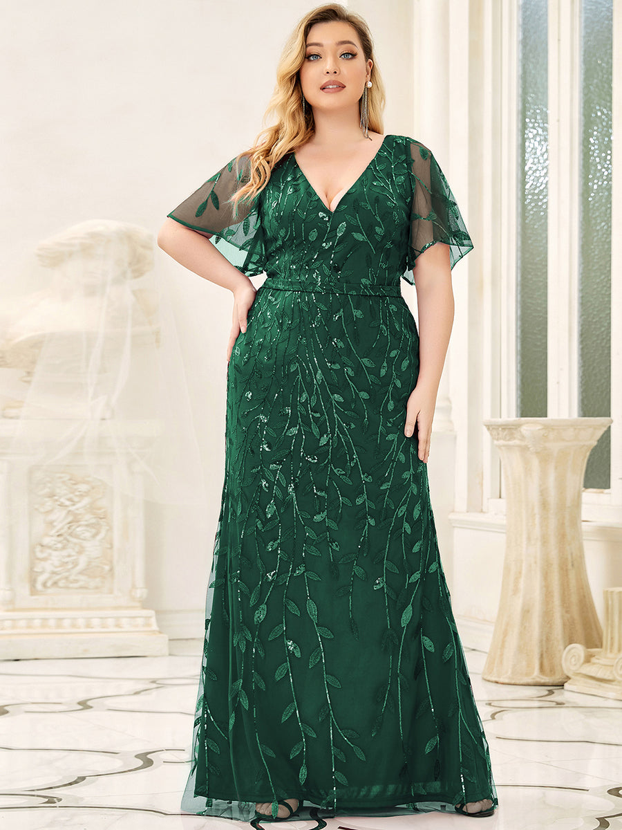 Color=Dark Green | Fashion Plus Size V Neck Mermaid Wholesale Sequin & Tulle Dress-Dark Green 1