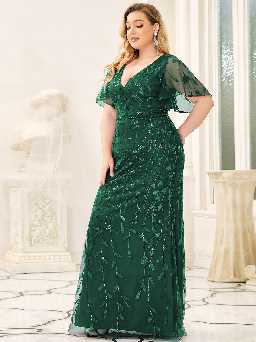Color=Dark Green | Fashion Plus Size V Neck Mermaid Wholesale Sequin & Tulle Dress-Dark Green 3