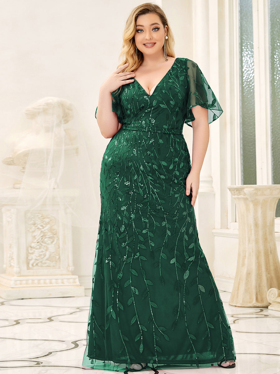 Color=Dark Green | Fashion Plus Size V Neck Mermaid Wholesale Sequin & Tulle Dress-Dark Green 4