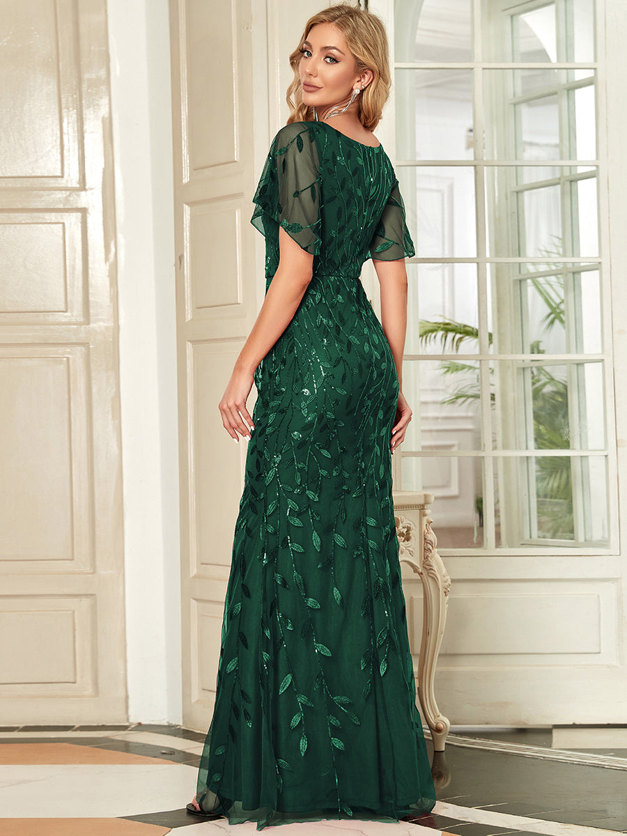 Color=Dark Green | Gorgeous V Neck Leaf-Sequined Fishtail Wholesale Evening Dress-Dark Green 2