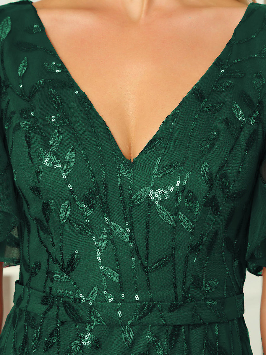 Color=Dark Green | Gorgeous V Neck Leaf-Sequined Fishtail Wholesale Party Dress-Dark Green 5