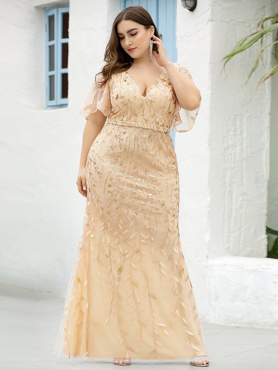 Color=Gold | Fashion Plus Size V Neck Mermaid Wholesale Sequin & Tulle Dress-Gold 3