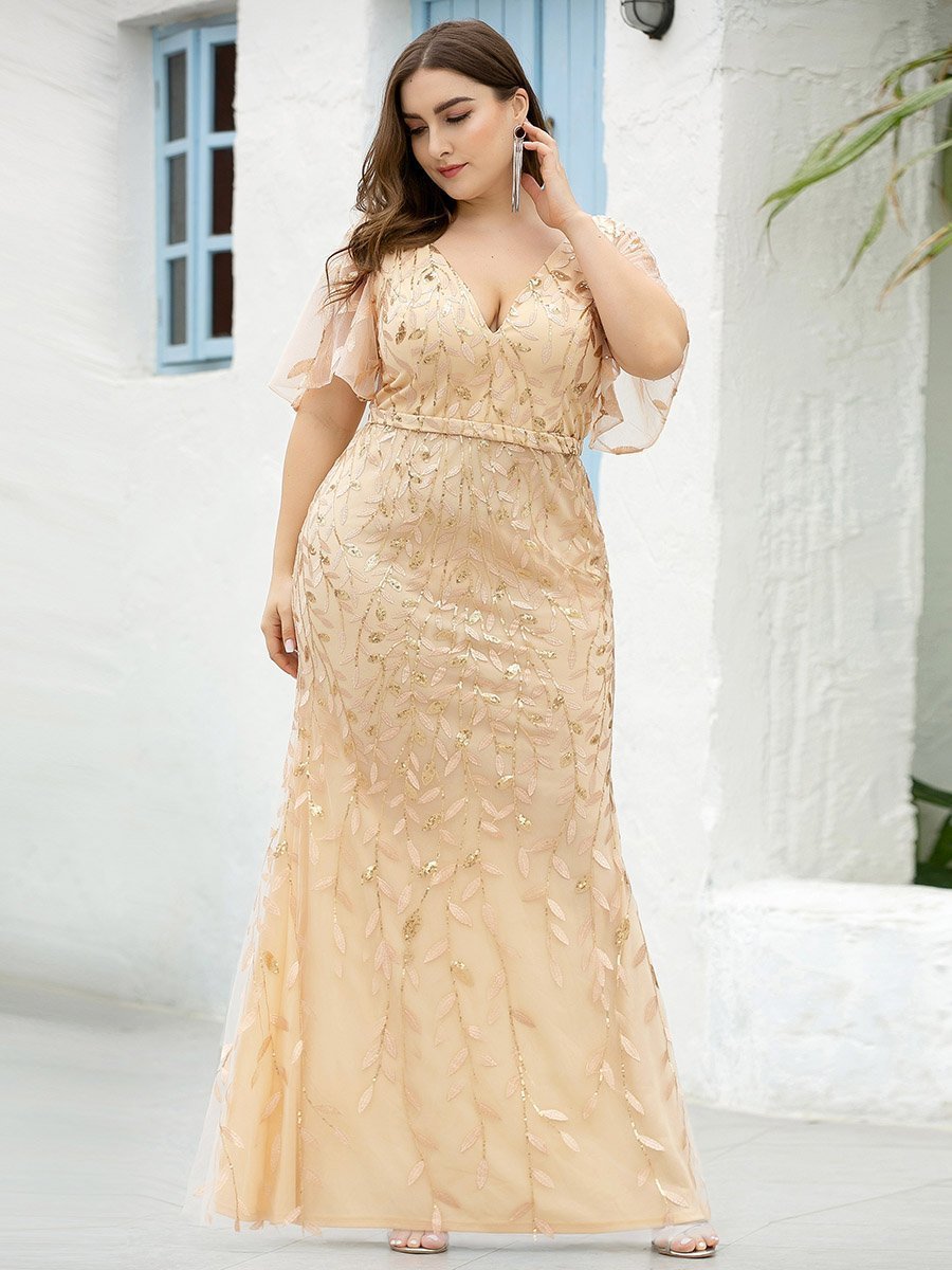 Color=Gold | Gorgeous V Neck Leaf-Sequined Fishtail Wholesale Party Dress-Gold 13