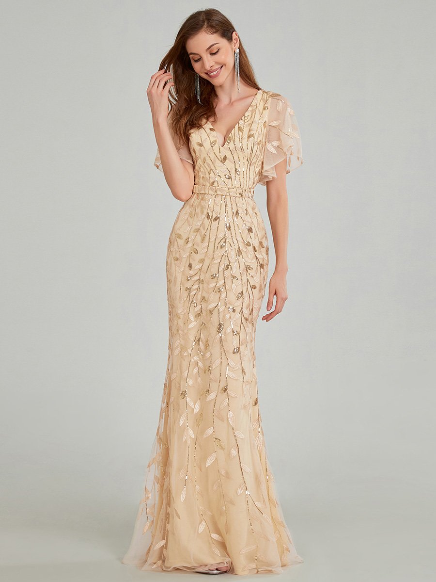 Color=Gold | Gorgeous V Neck Leaf-Sequined Fishtail Wholesale Party Dress-Gold 9