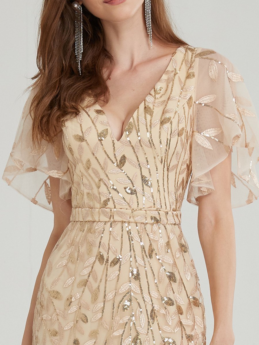 Color=Gold | Gorgeous V Neck Leaf-Sequined Fishtail Wholesale Party Dress-Gold 10