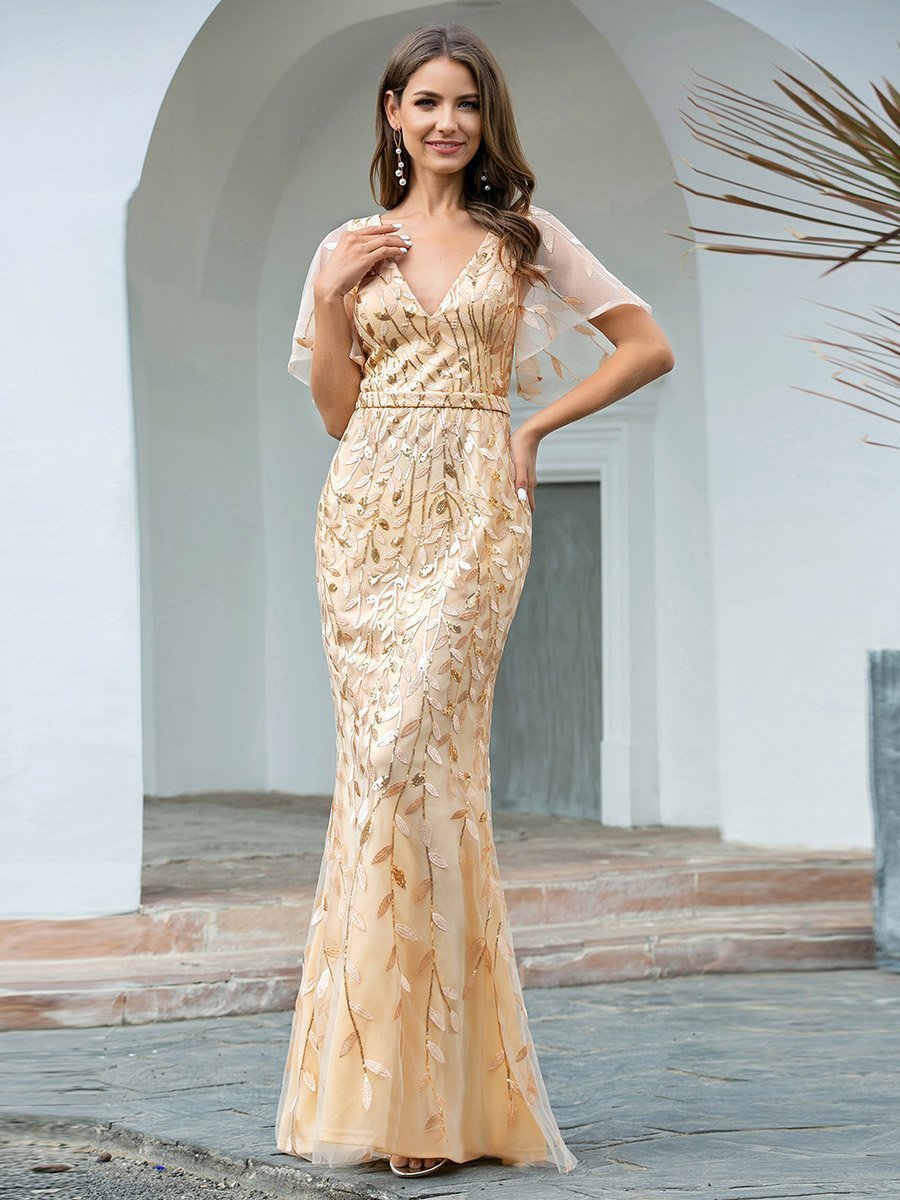 Color=Gold | Gorgeous V Neck Leaf-Sequined Fishtail Wholesale Party Dress-Gold 3