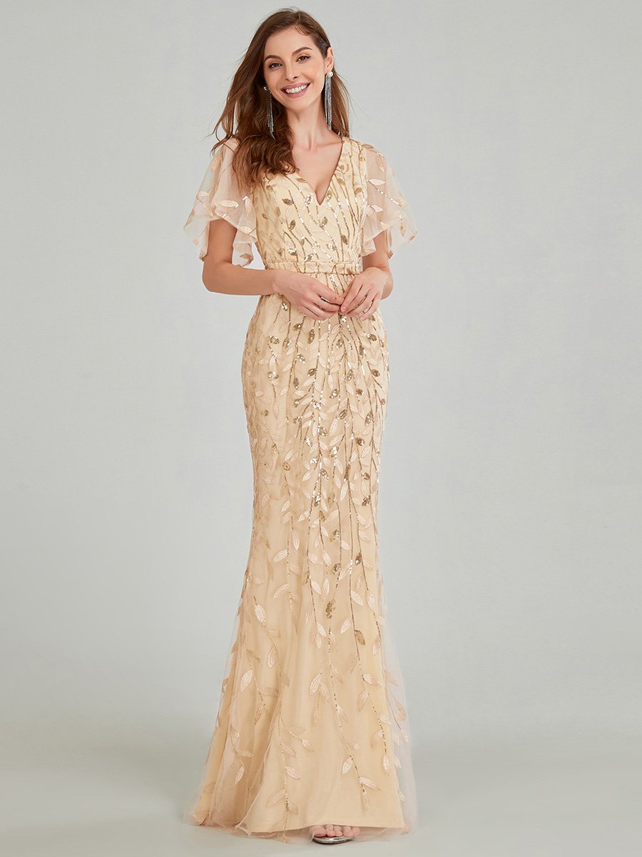 Color=Gold | Gorgeous V Neck Leaf-Sequined Fishtail Wholesale Party Dress-Gold 8