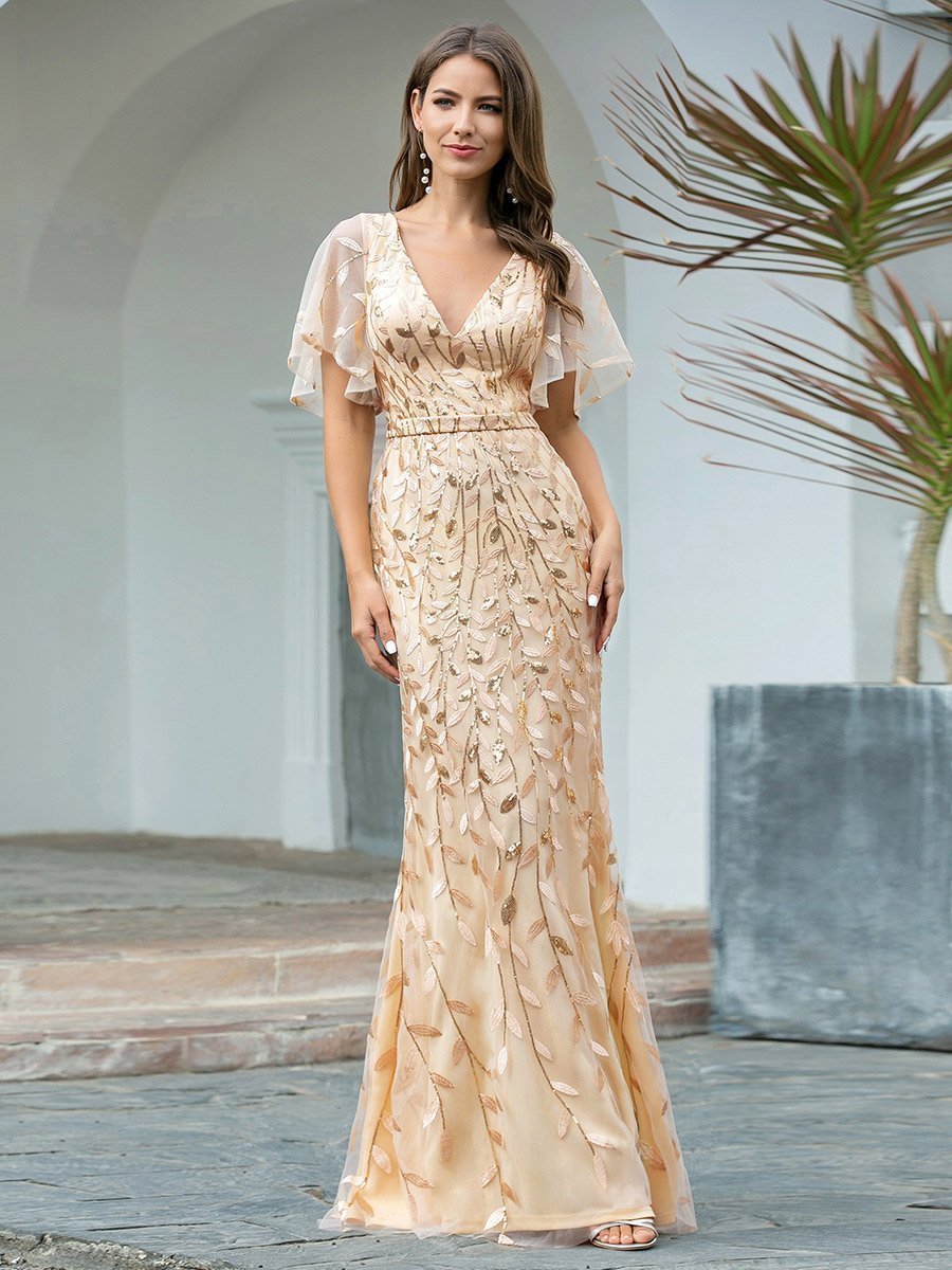 Color=Gold | Gorgeous V Neck Leaf-Sequined Fishtail Wholesale Party Dress-Gold 1