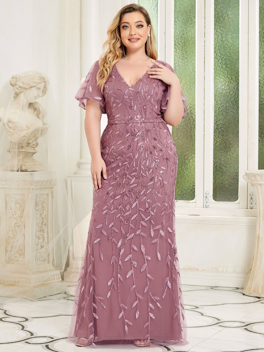 Color=Orchid | Fashion Plus Size V Neck Mermaid Wholesale Sequin & Tulle Dress-Orchid 1