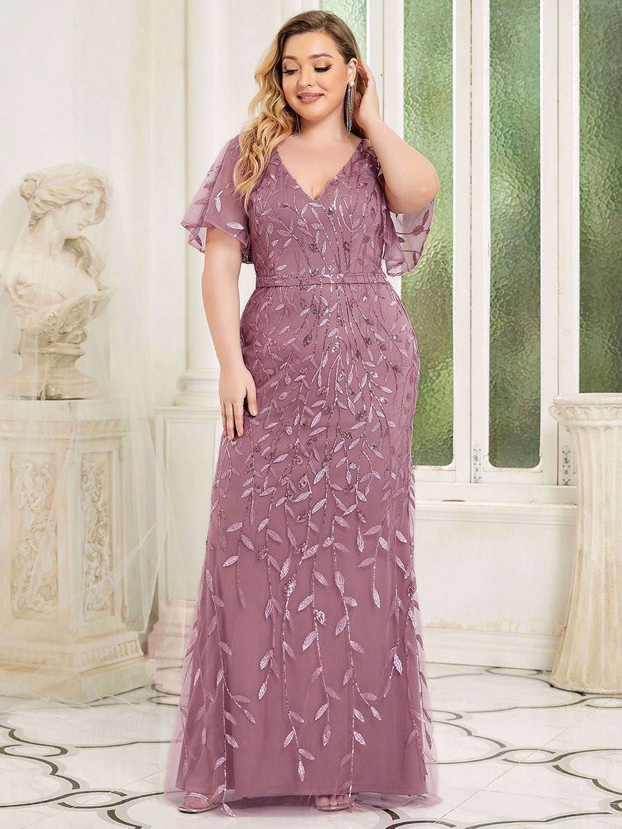 Color=Orchid | Fashion Plus Size V Neck Mermaid Wholesale Sequin & Tulle Dress-Orchid 2