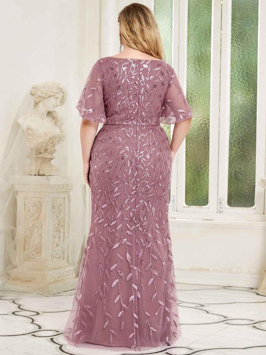 Color=Orchid | Fashion Plus Size V Neck Mermaid Wholesale Sequin & Tulle Dress-Orchid 4