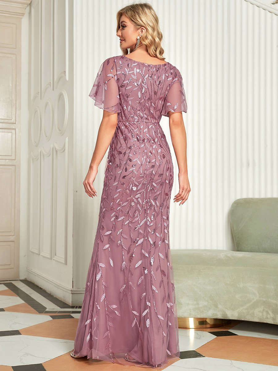 Color=Orchid | Gorgeous V Neck Leaf-Sequined Fishtail Wholesale Party Dress-Orchid 2