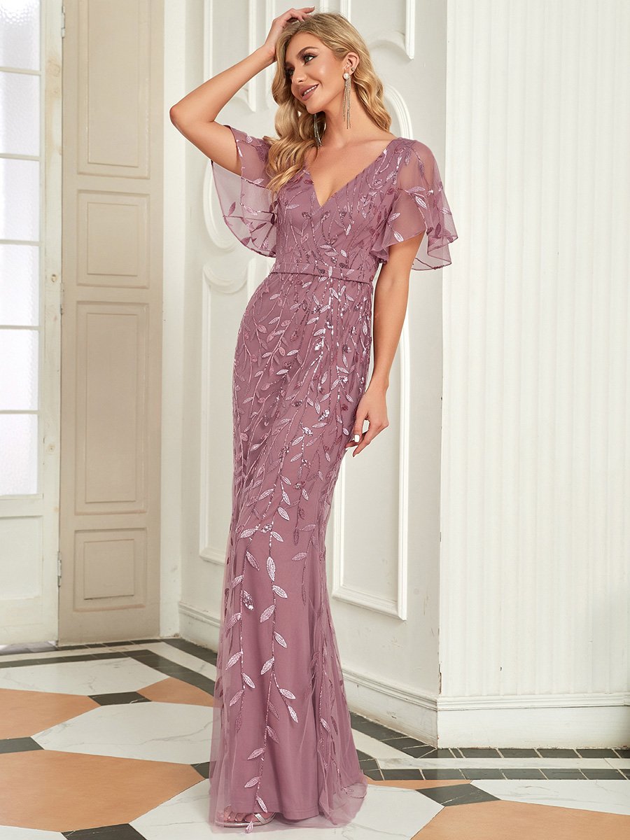 Color=Orchid | Gorgeous V Neck Leaf-Sequined Fishtail Wholesale Party Dress-Orchid 3