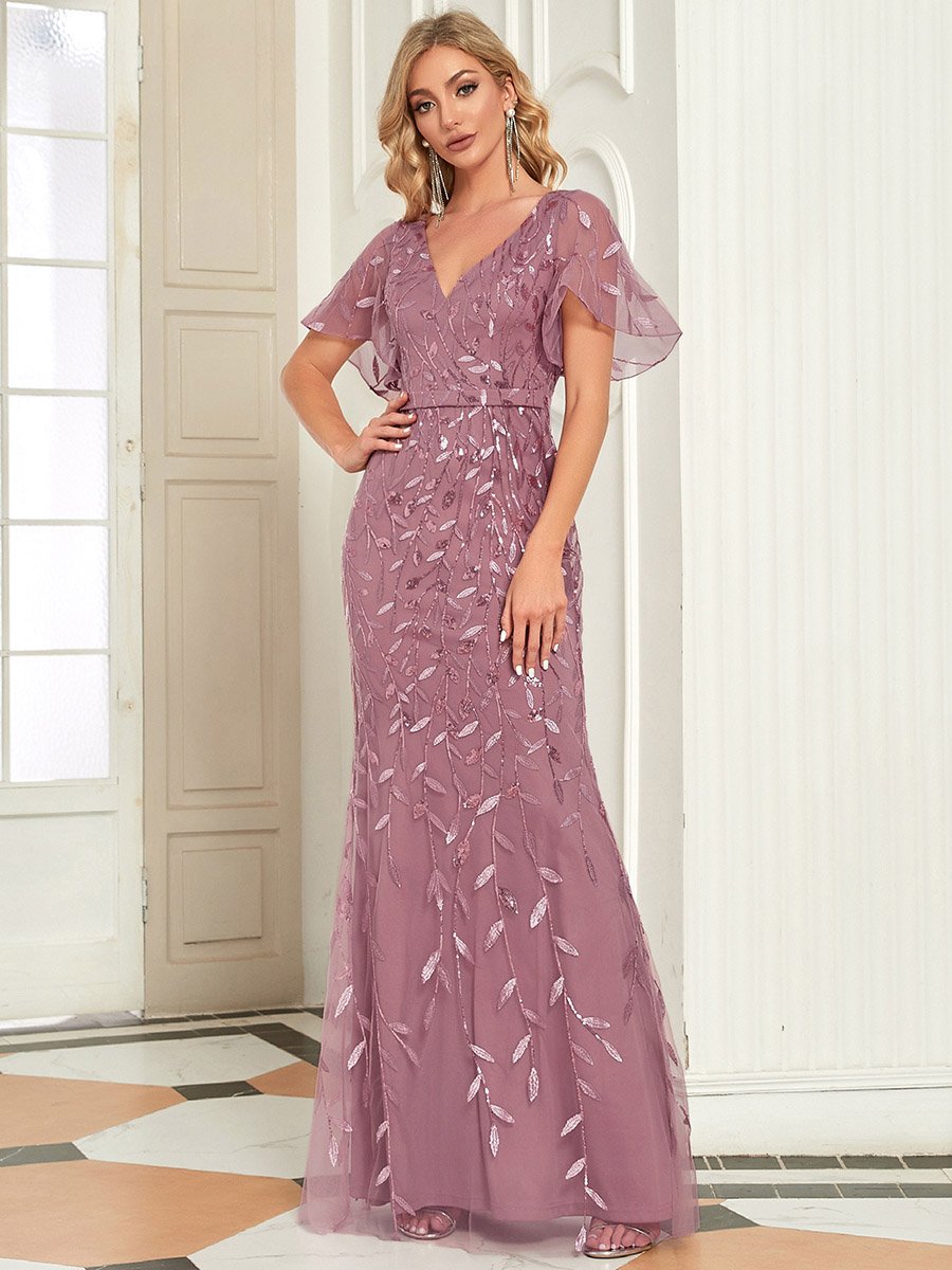 Color=Orchid | Gorgeous V Neck Leaf-Sequined Fishtail Wholesale Party Dress-Orchid 4