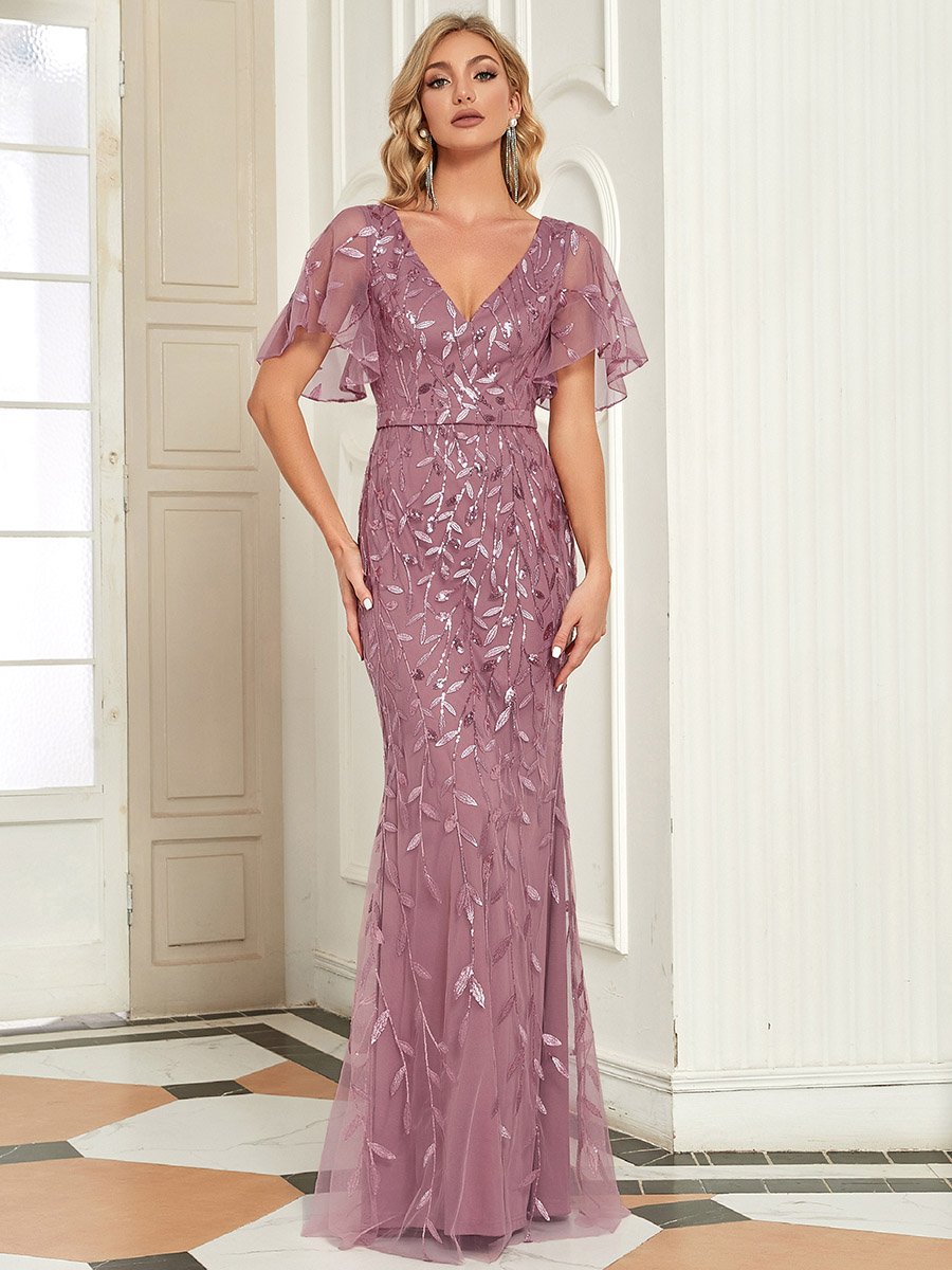 Color=Orchid | Gorgeous V Neck Leaf-Sequined Fishtail Wholesale Party Dress-Orchid 1