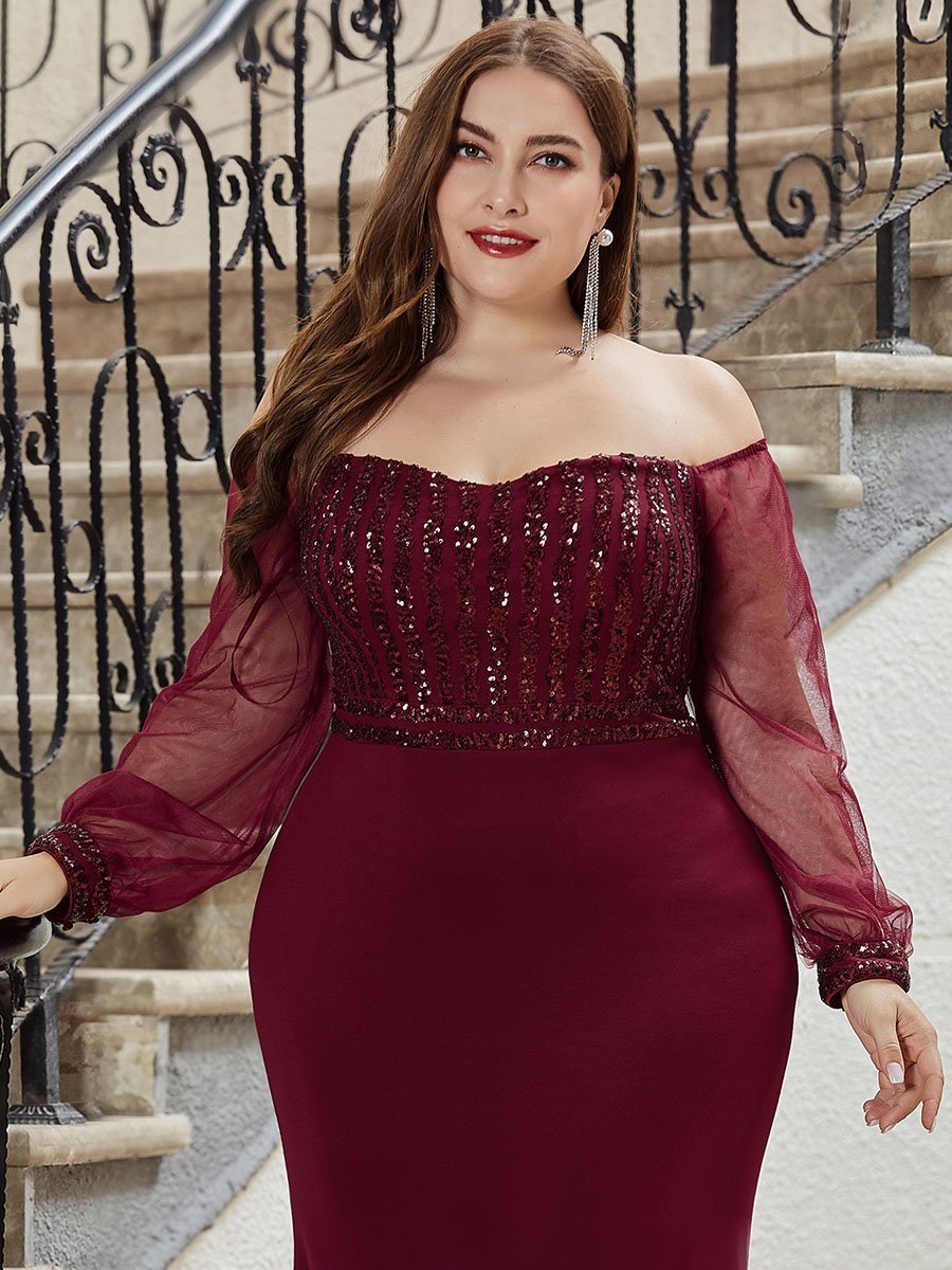 Color=Burgundy | Women'S Fashion Off Shoulder Sequin Evening Dress-Burgundy 10