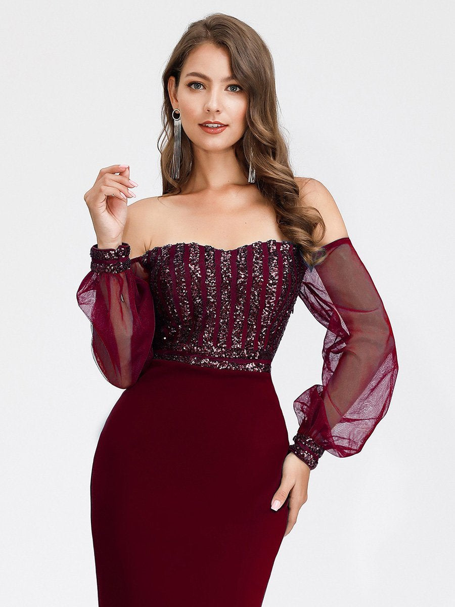 Color=Burgundy | Women'S Fashion Off Shoulder Sequin Evening Dress-Burgundy 5