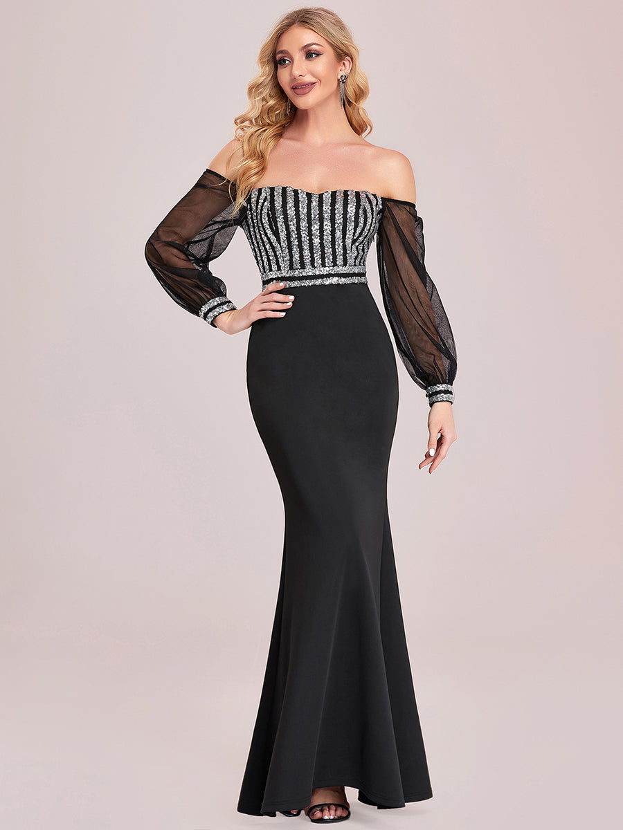 Color=Black | Women'S Fashion Off Shoulder Sequin Evening Dress-Black 4
