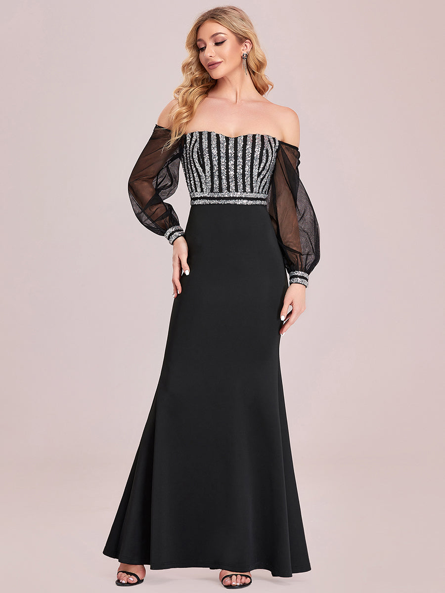 Color=Black | Women'S Fashion Off Shoulder Sequin Evening Dress-Black 6