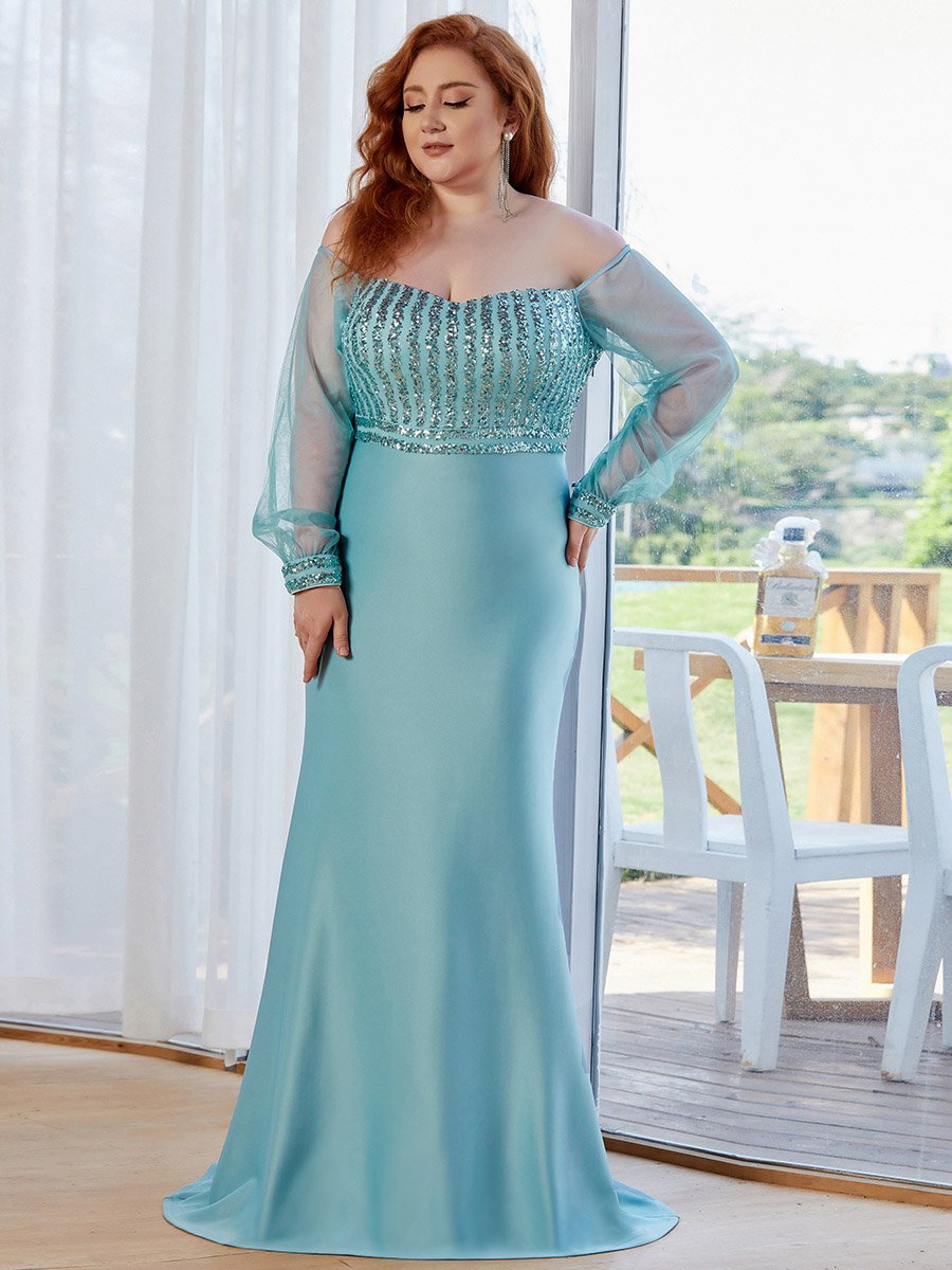Color=Dusty blue | Plus Size Cool See-Through Sleeves Wholesale Dresses-Dusty blue 4