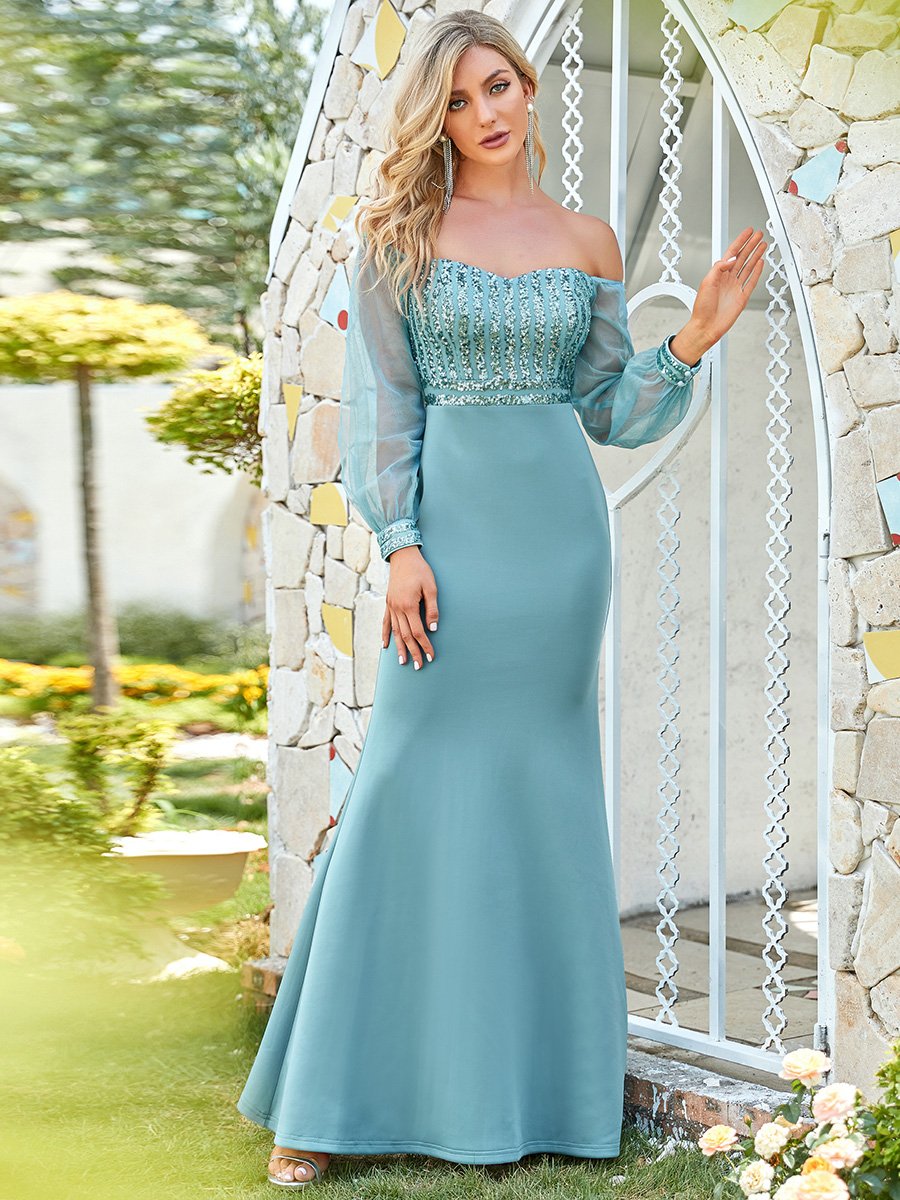 Color=Dusty blue | Cool Lantern Long See-Through Sleeves Wholesale Dresses-Dusty blue 4