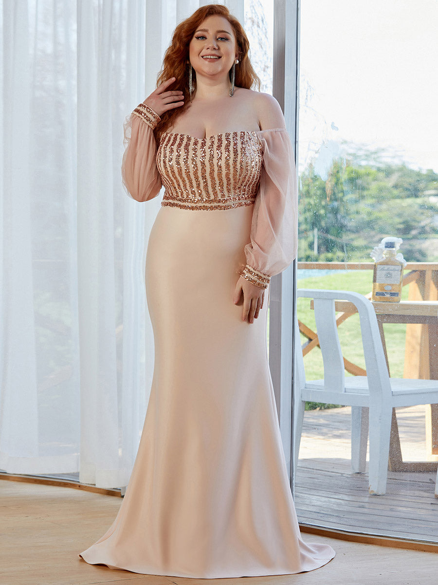 Color=Rose Gold | Plus Size Cool See-Through Sleeves Wholesale Dresses-Rose Gold 1